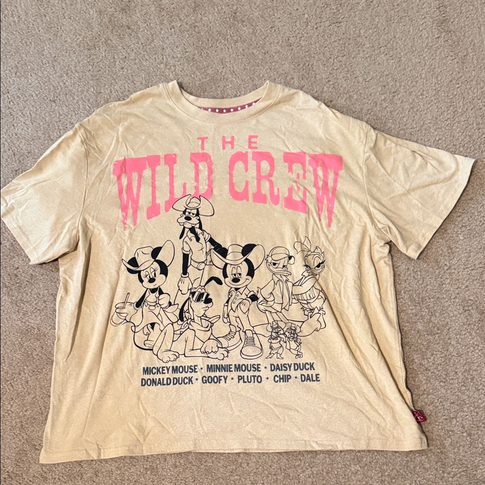 Disney Beige Tee with Black Character Print and Pink 'The Wild Crew' Text